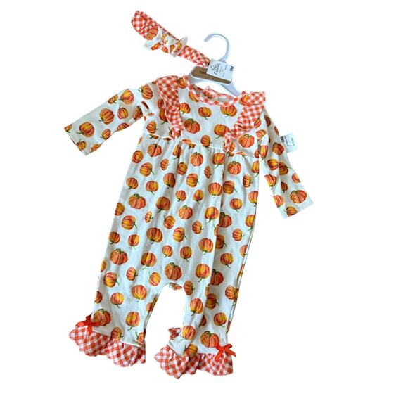 NWT Baby Essentials 2 piece pumpkin fall infant outfit with matching headband - Picture 1 of 7